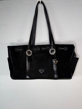 Brighton black leather tote bag, heart charm croc embossed work travel purse